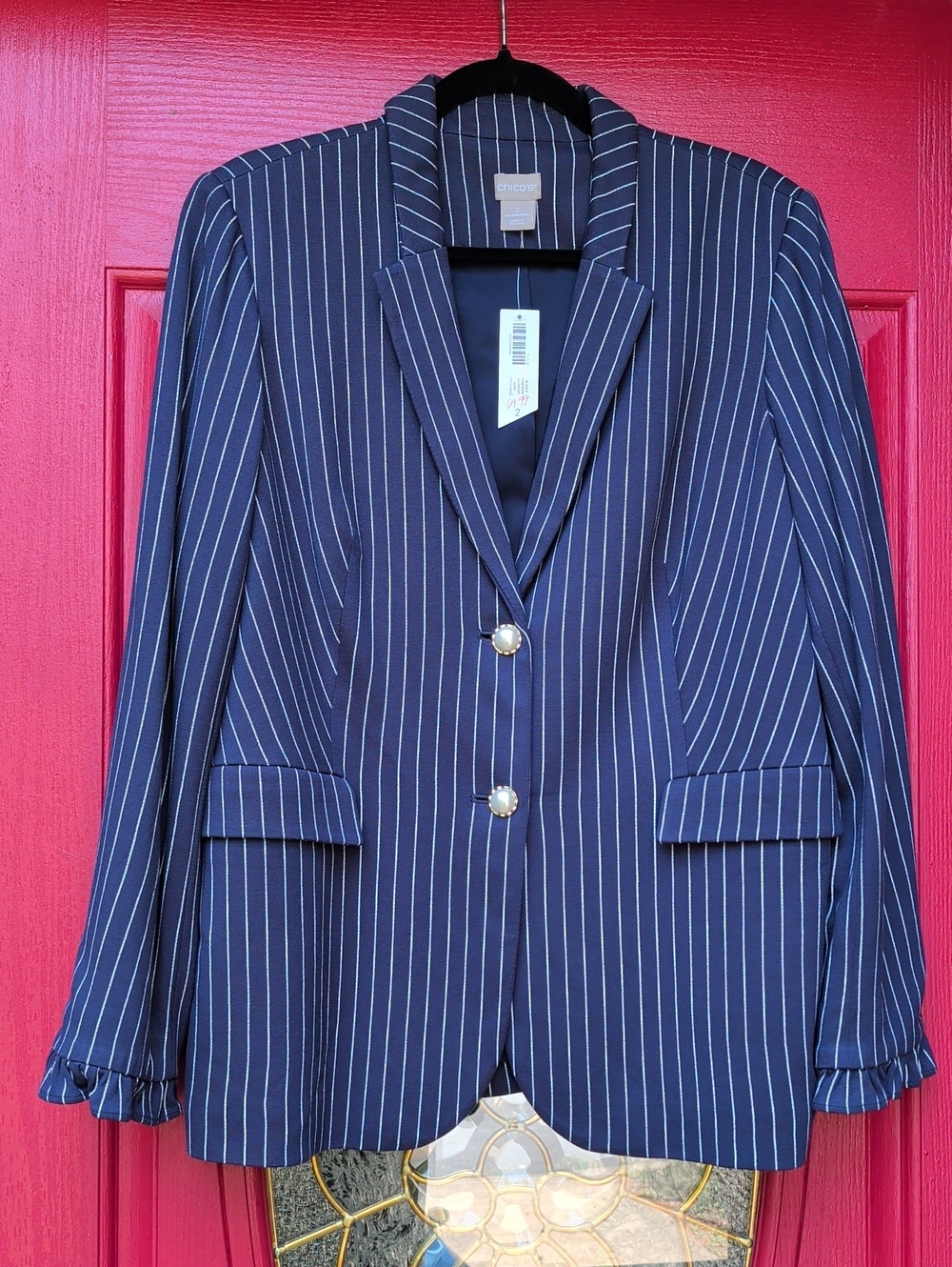 NWT - Chico's Navy Pinstripe Blazer with Gold Trim Pearl Buttons